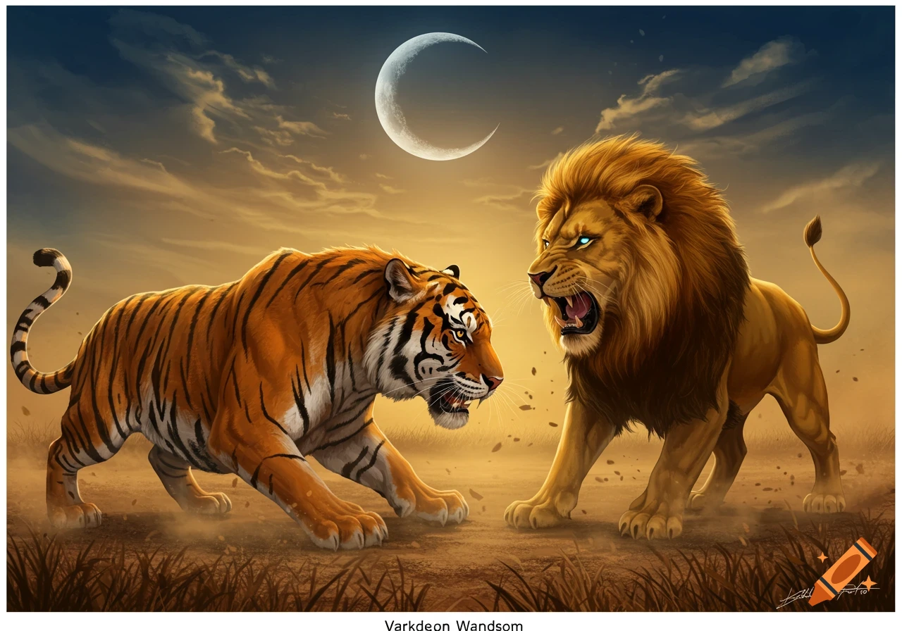 A stylized illustration of a tiger and a lion roaring at each other in a dusty landscape under a crescent moon.