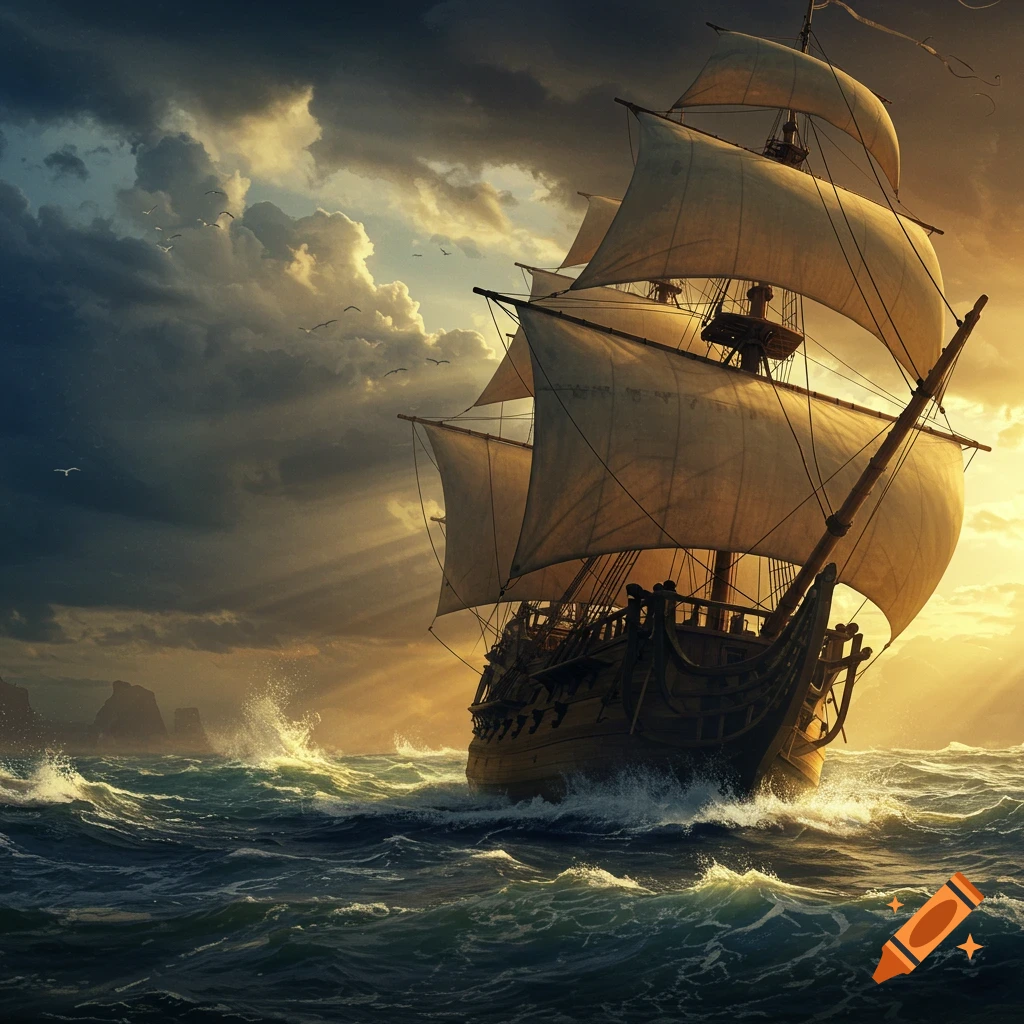 A large sailing ship with multiple sails battles rough waves on a stormy sea, illuminated by sunset rays breaking through dark clouds.