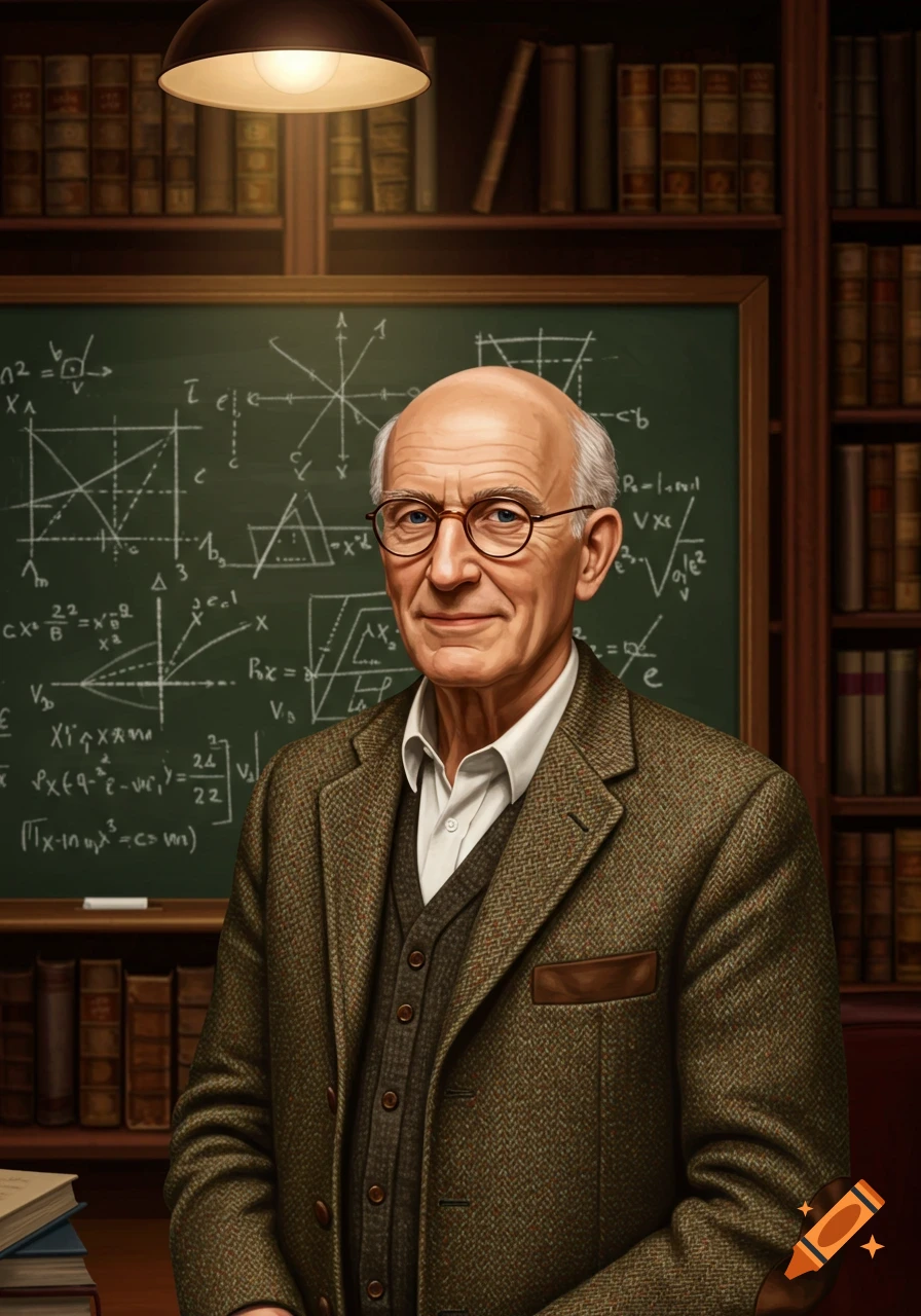 An older bald professor with glasses in a tweed jacket stands smiling in front of a chalkboard with equations and bookshelves.