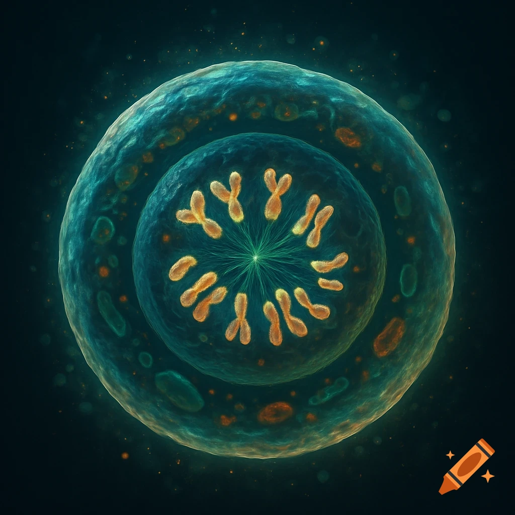 Vibrant illustration of an animal cell in prophase, showing orange chromosomes and green spindle fibers within a teal nucleus.