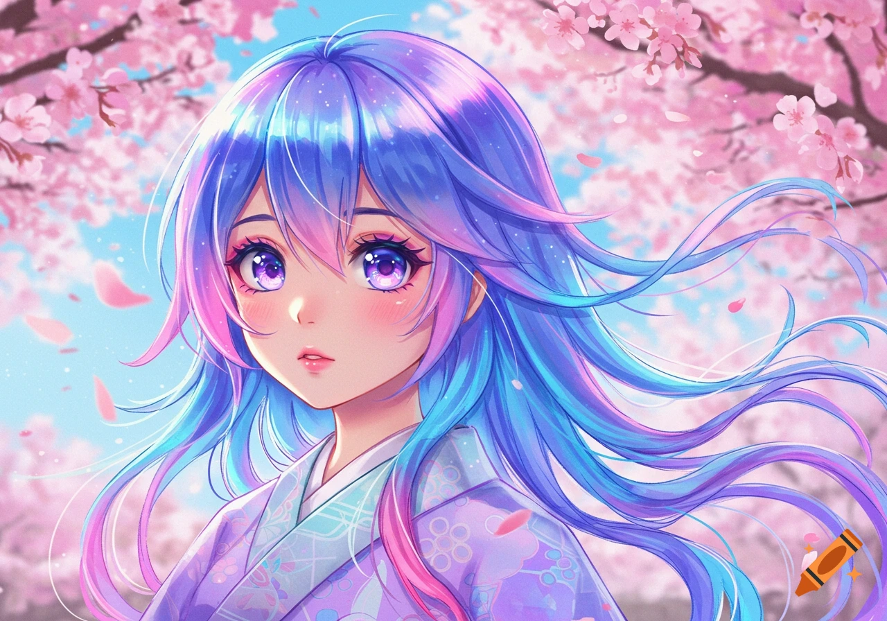 An anime girl with blue and pink hair, purple eyes, in a kimono, surrounded by pink cherry blossoms.