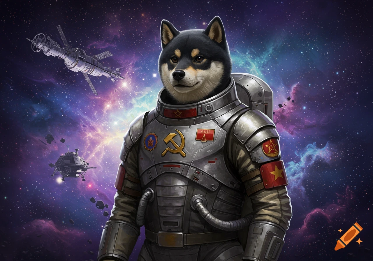A black and tan Shiba Inu in a detailed silver Soviet-themed astronaut suit, standing in deep space with nebulae and spacecraft.