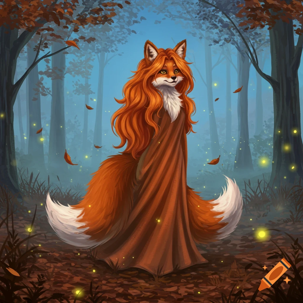 A red-haired fox-like creature in a brown cloak stands in an autumn forest with glowing lights.