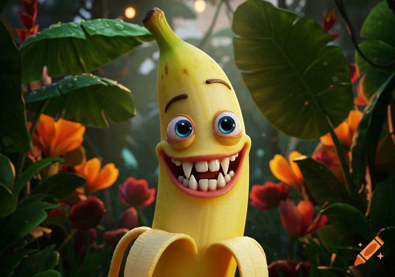 A smiling, partially peeled cartoon banana character with wide blue eyes and sharp fangs in a lush tropical jungle.