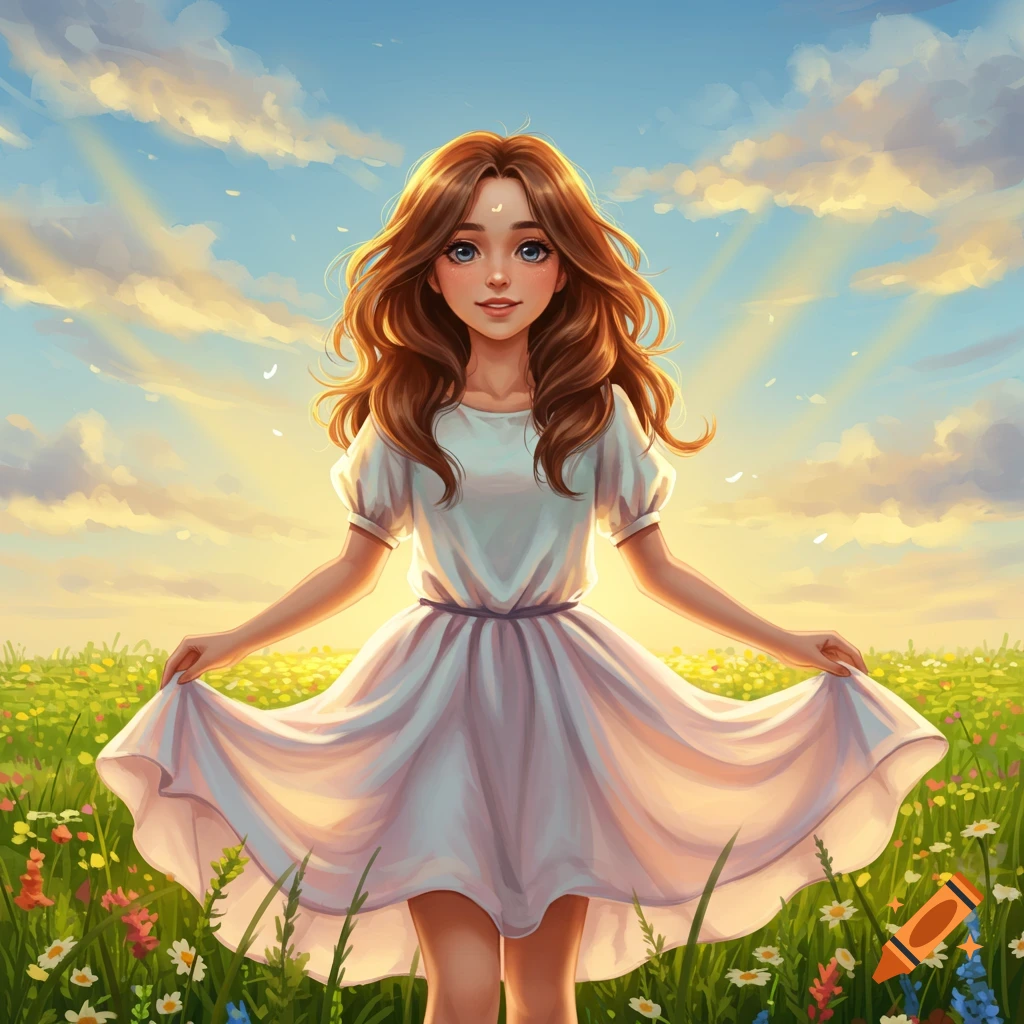 A pretty girl with brown hair and blue eyes stands in a sunny, vibrant flower field, holding out her white dress. Digital art.