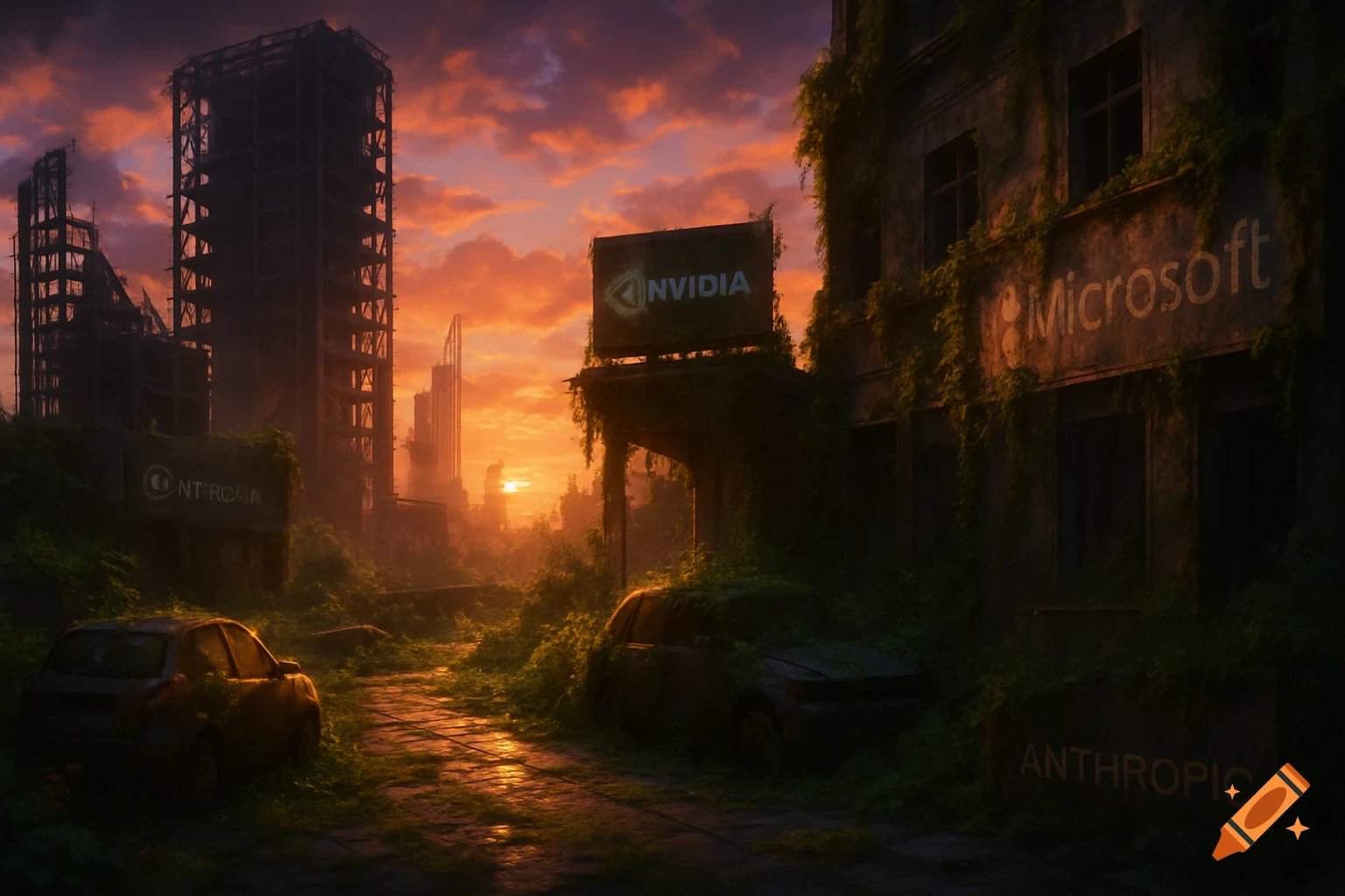 A post-apocalyptic cityscape at sunset with overgrown ruins, abandoned cars, and prominent logos for NVIDIA, Microsoft, and Anthropic.