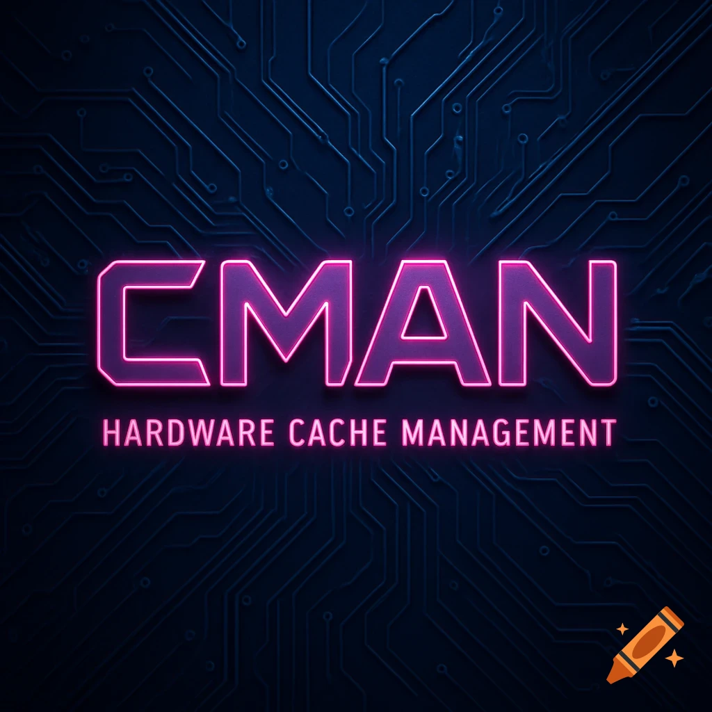 CMAN HARDWARE CACHE MANAGEMENT neon logo on a blue circuit board background, cyberpunk style.