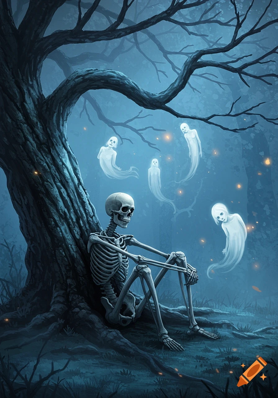 Digital illustration of a skeleton sitting against a large tree, surrounded by floating ghosts and glowing orbs in a misty, dark forest.