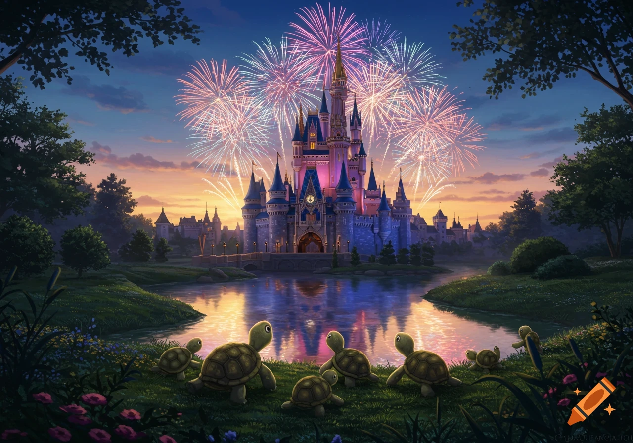 Cute cartoon turtles watch vibrant fireworks explode over a majestic Disney-like castle at dusk, reflected in a shimmering lake.
