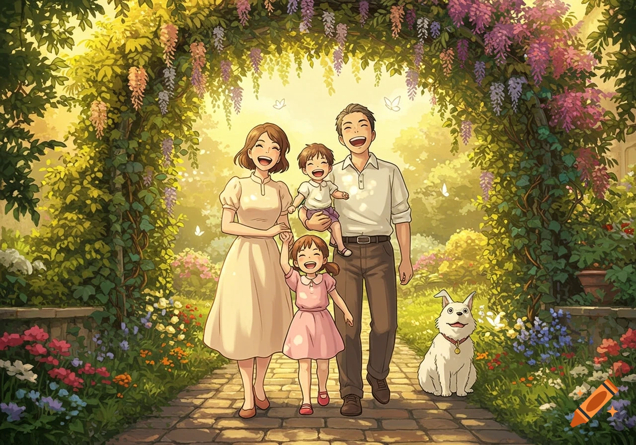 A smiling family of four with a dog walks through a vibrant, flower-filled garden arch in Ghibli anime style.