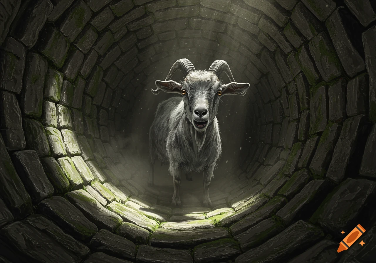A white goat with horns looks up from the bottom of a dark, moss-covered stone well, illuminated by a ray of light.