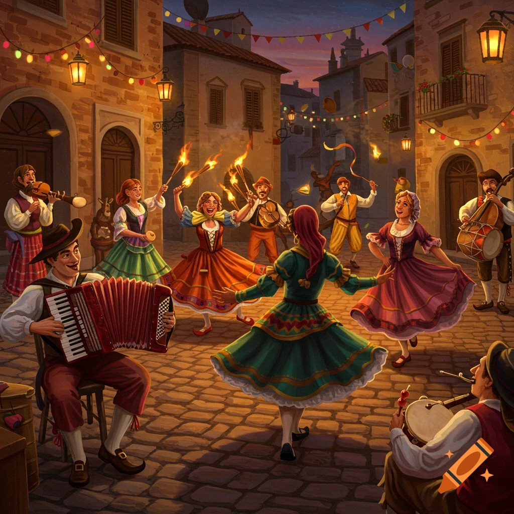 A vibrant illustration of a folk festival at dusk. Villagers in traditional attire dance and play music in a cobbled town square with string lights.