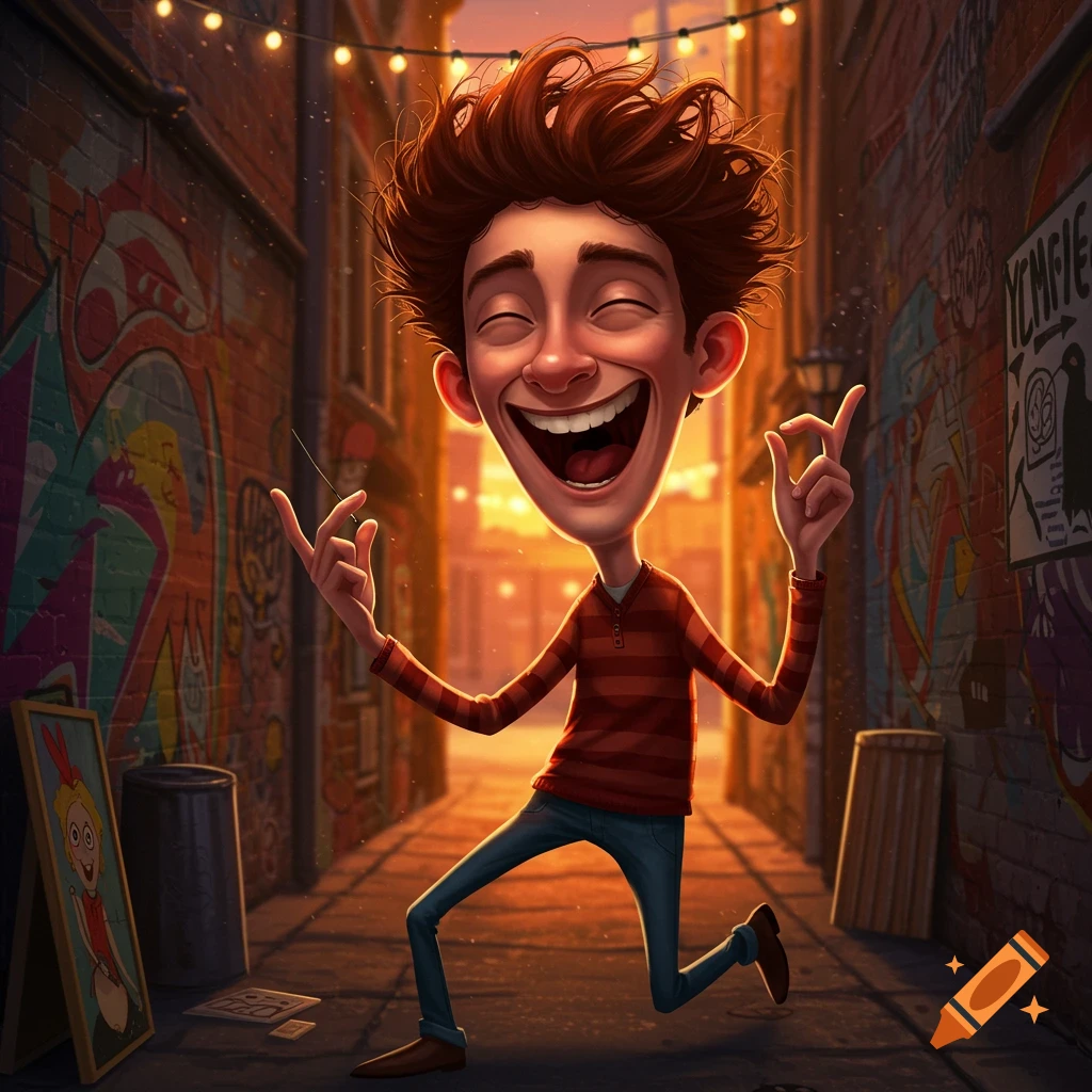 A cartoonish, exaggerated man with wild brown hair and a huge smile laughs with eyes closed, posing in a graffiti-covered alley at sunset. Digital art style.
