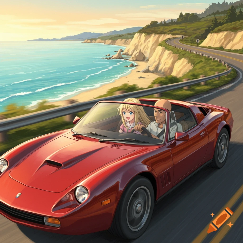Anime-style illustration of a bald man and a blonde girl driving a red convertible along a winding coastal road with cliffs and ocean.