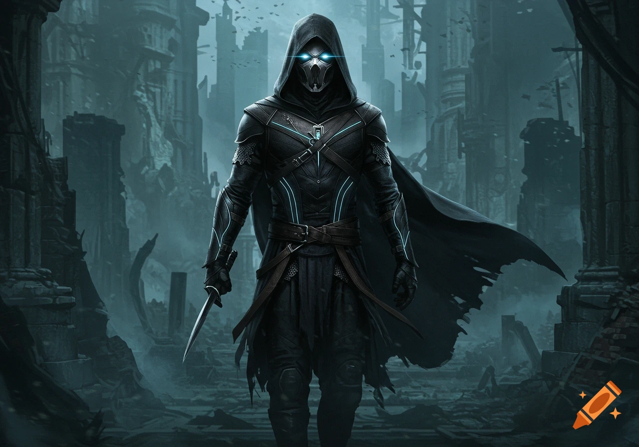 A masked assassin in dark, hooded cloak and armor with subtle blue glowing lines stands in a ruined, misty city, holding a dagger.