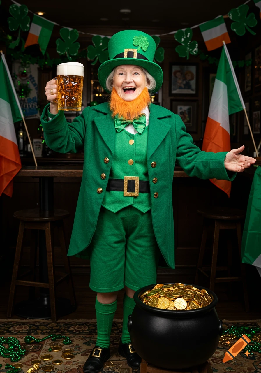 A smiling elderly woman dressed as a leprechaun holds up a mug of beer, standing by a pot of gold and Irish flags in a pub.