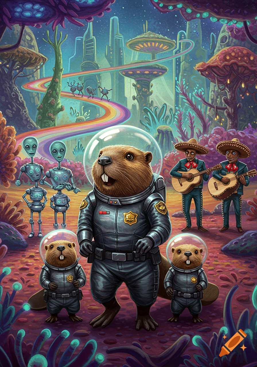 Cartoon beaver space patrol, alien robots, and mariachi band on a vibrant alien planet with a futuristic city.