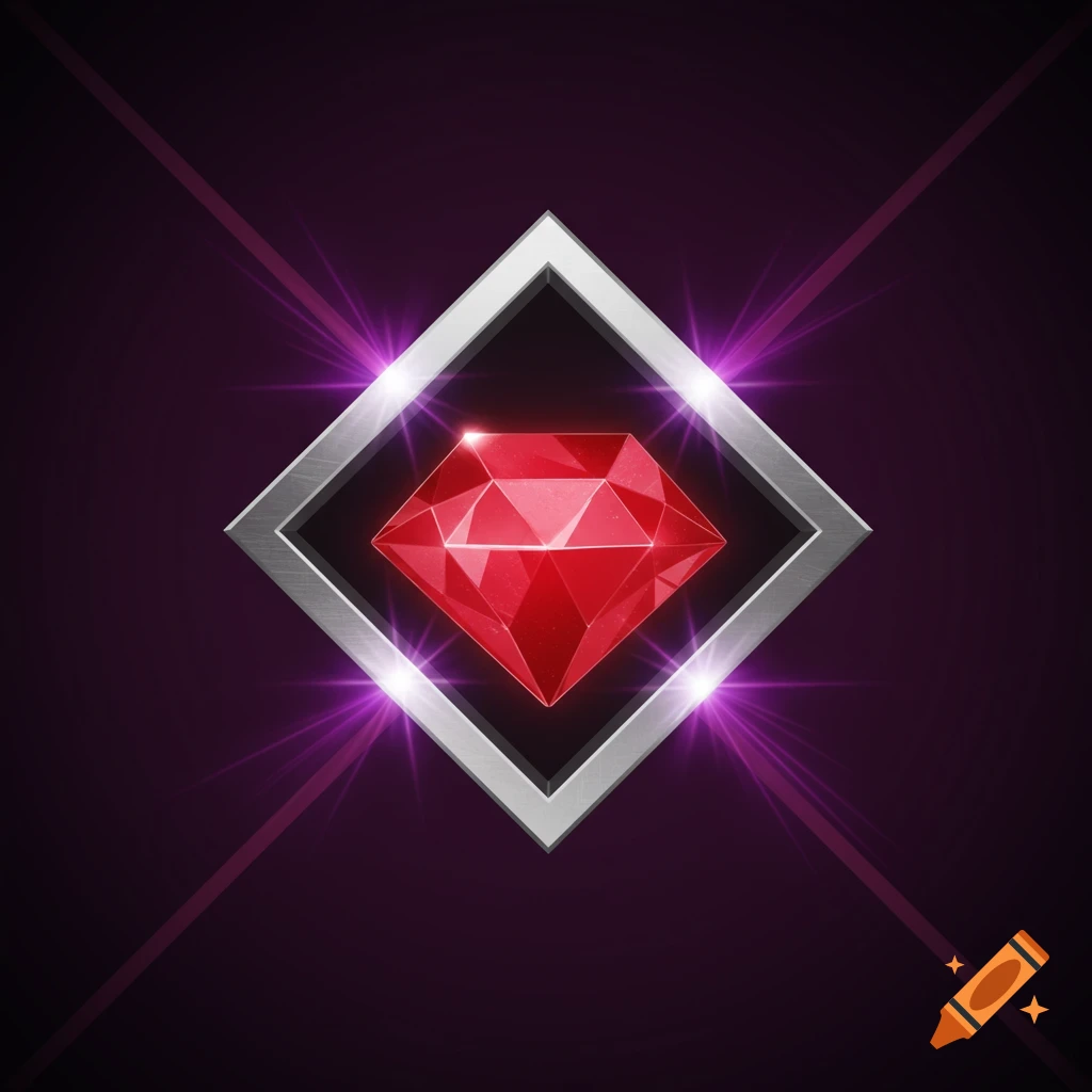 A sparkling red ruby gemstone in a silver square frame, glowing with purple light streaks on a dark purple background.
