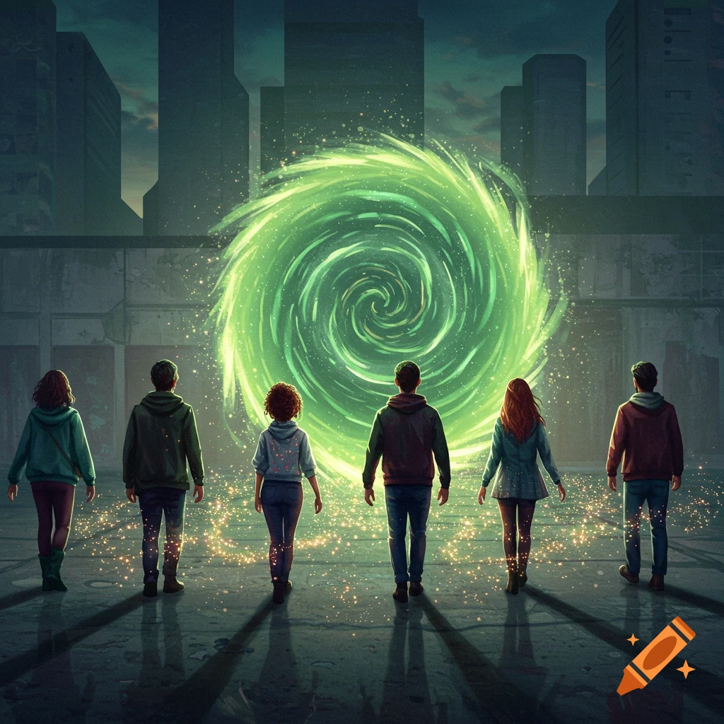 Six people stand with their backs to the viewer, looking at a glowing green spiral portal in a dark urban landscape.