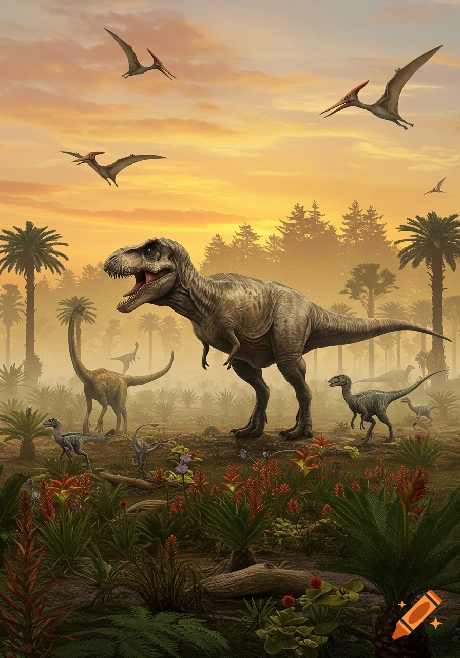 A Tyrannosaurus Rex roars in a prehistoric jungle at sunset, surrounded by other dinosaurs and flying Pterodactyls.