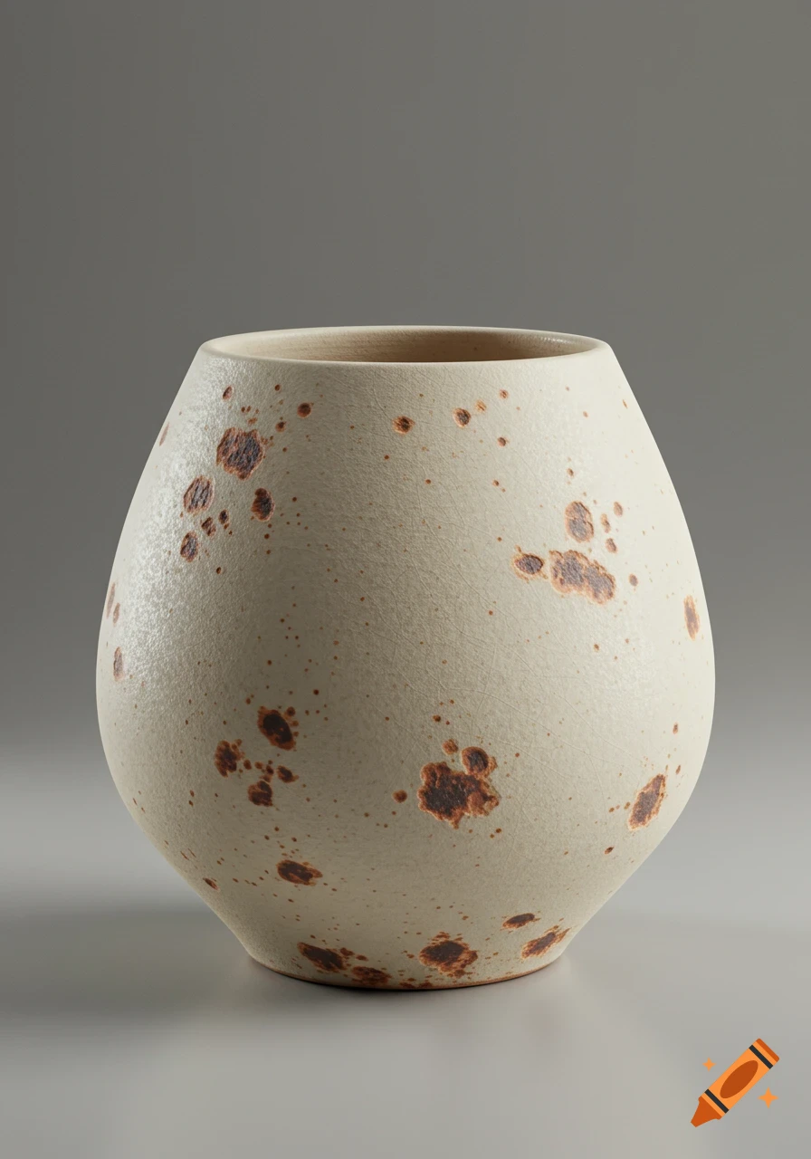 A low, cream-colored stoneware vase with reddish-brown lava-like spots, on a gray background.