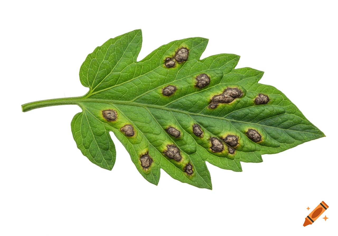Photorealistic close-up of a green tomato leaf covered in brown spots from downy mildew, on a white background.