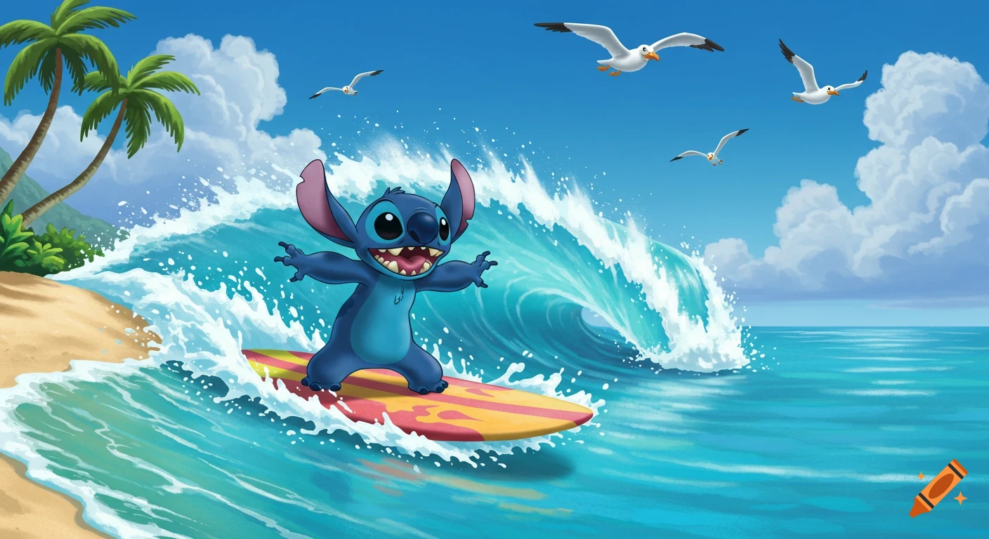 Cartoon Stitch happily surfing a large wave at a Hawaiian beach with palm trees and seagulls.