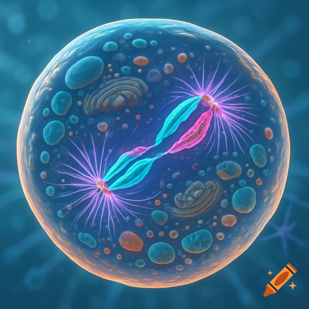 A vibrant microscopic illustration of an animal cell undergoing mitosis, with glowing blue and pink chromosomes separating.