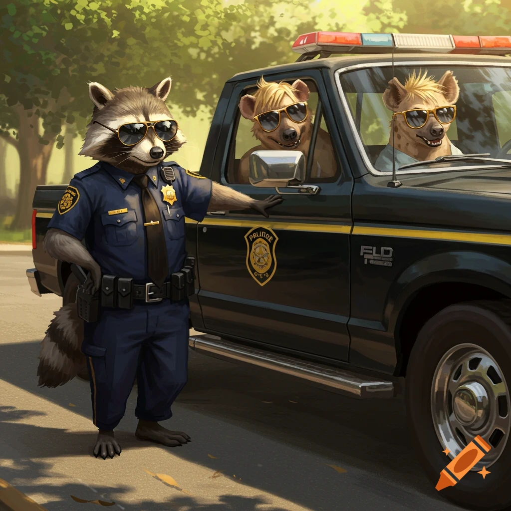 A raccoon police officer wearing sunglasses stands next to a dark pickup truck, stopping two hyenas in sunglasses. Illustrative style.