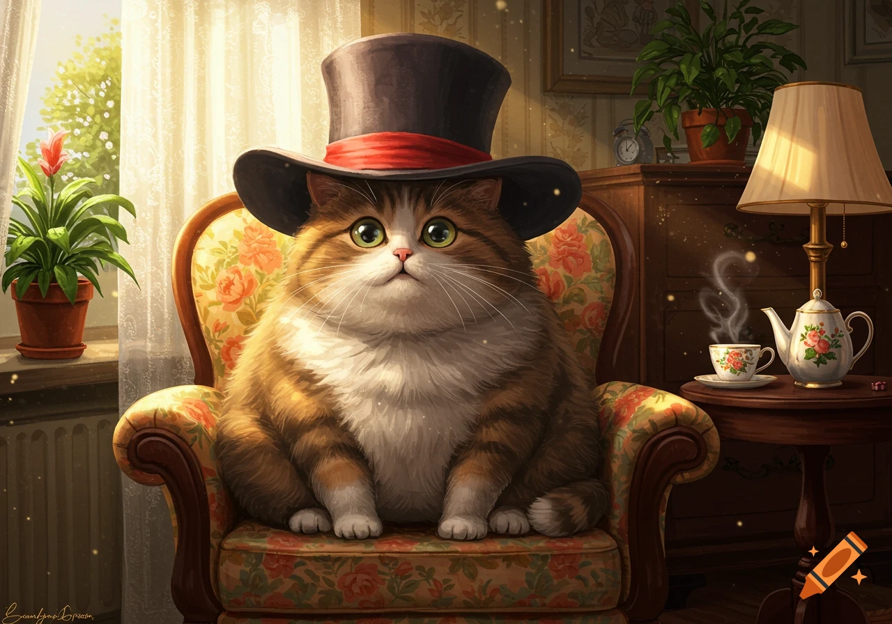 A fluffy brown and white cat in a top hat sits in a floral armchair, looking forward, with a steaming teacup nearby in a cozy room.