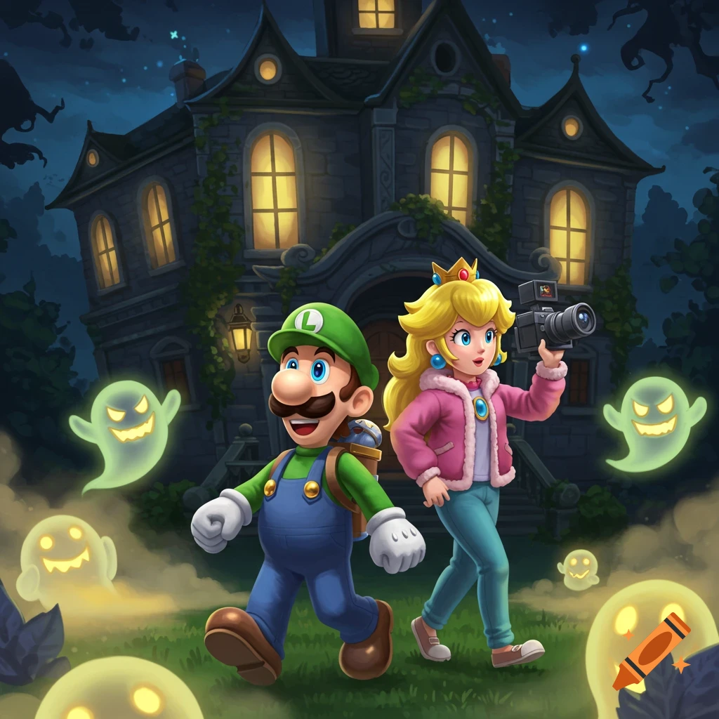 Luigi and Princess Peach explore a haunted mansion at night, surrounded by glowing ghosts. Peach holds a camera.