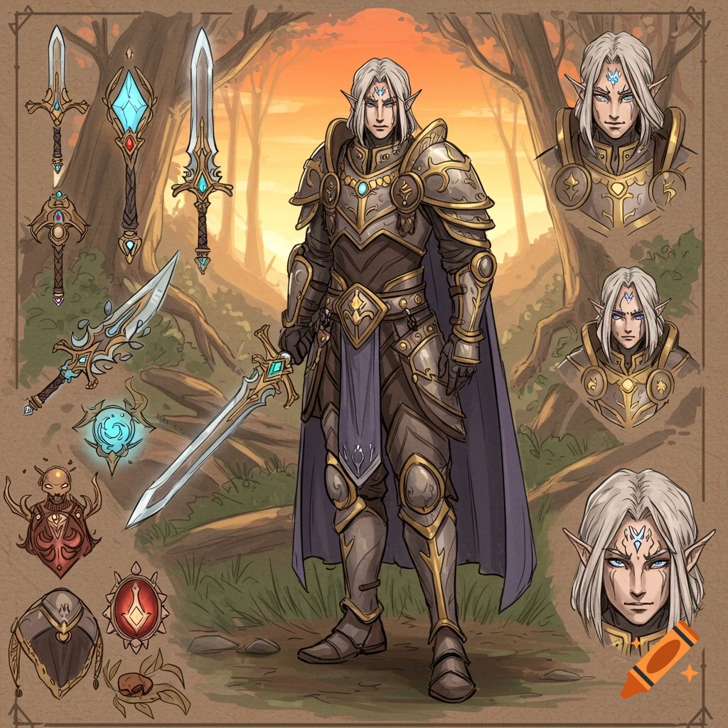 Cartoon style fantasy character sheet of a white-haired elf warrior in ornate armor, holding a sword, with various weapons and face busts.