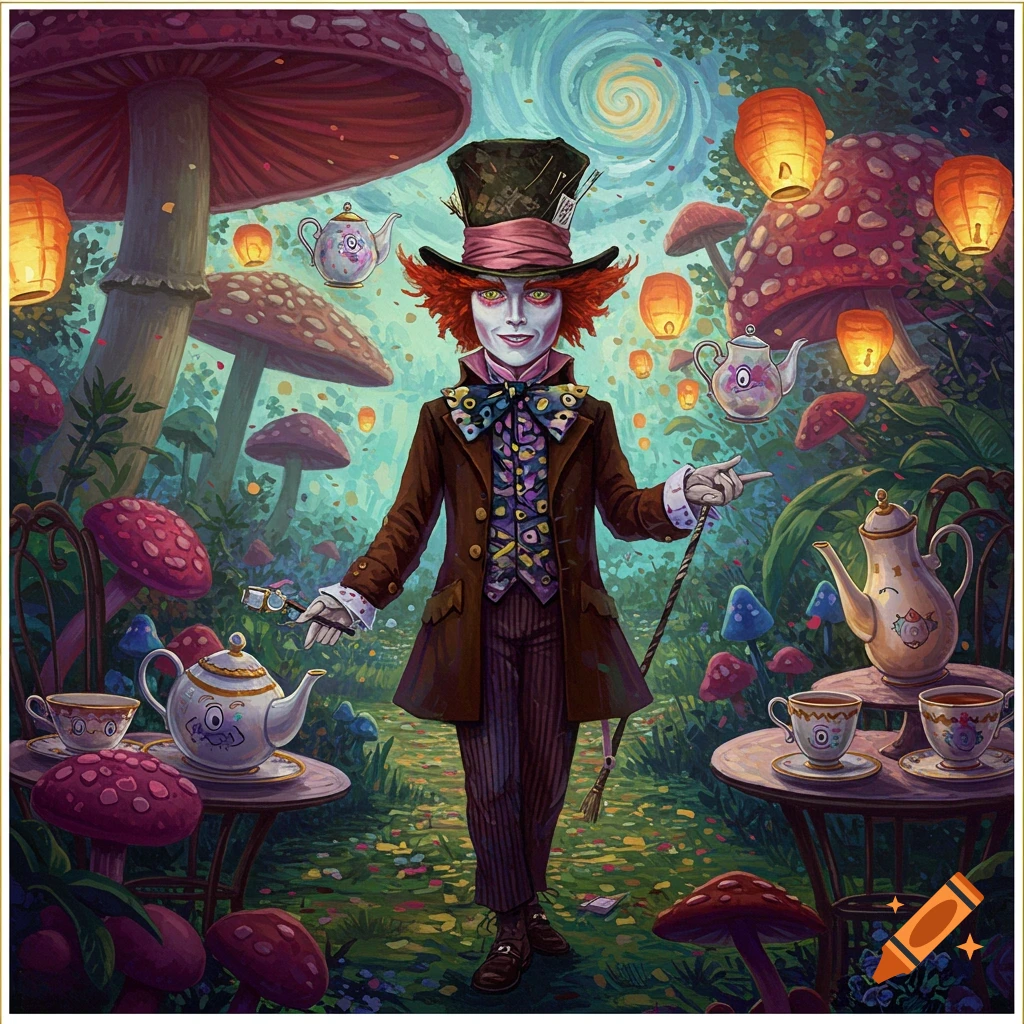 A stylized illustration of the Mad Hatter in a whimsical mushroom forest, surrounded by teapots and glowing lanterns.
