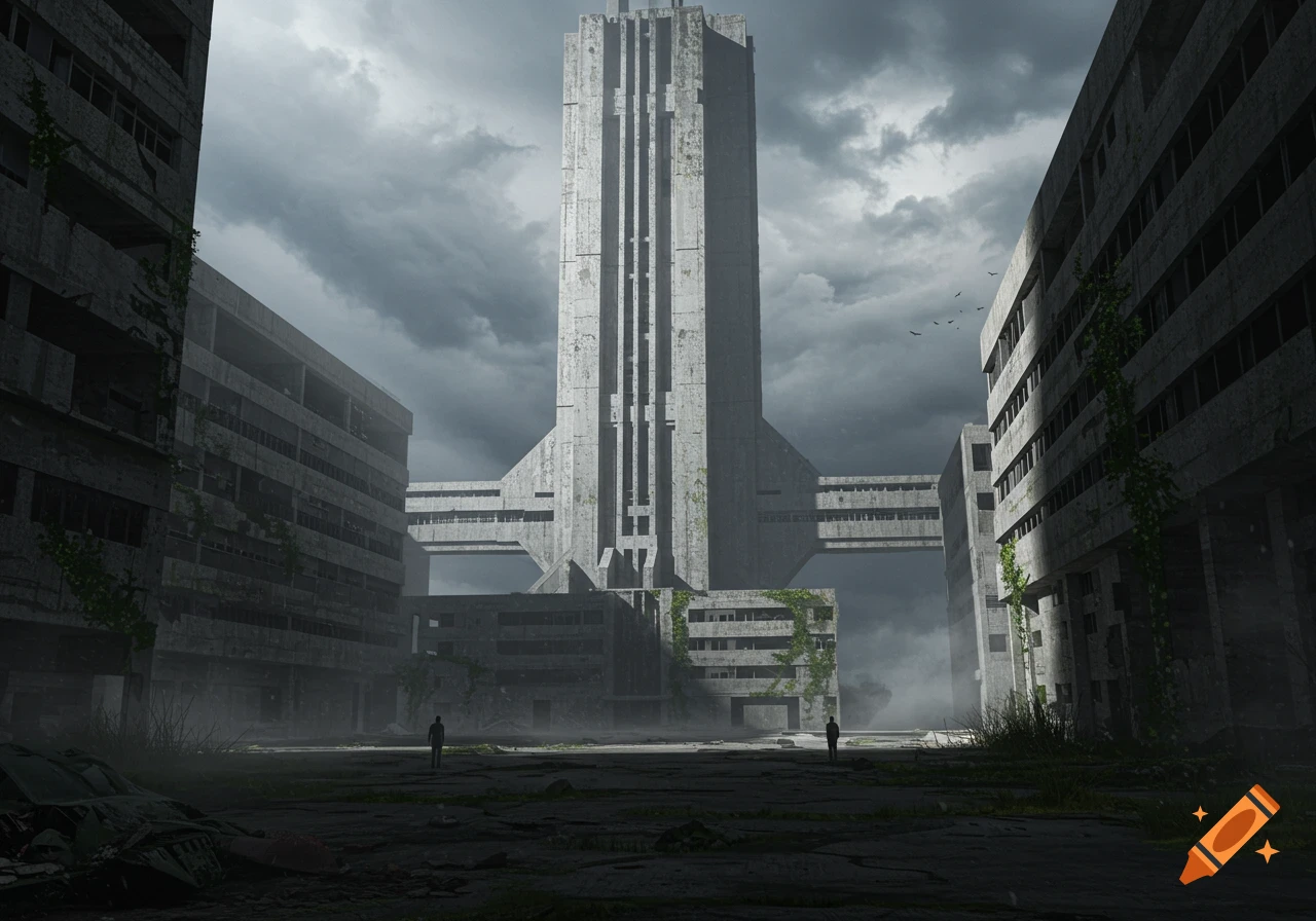 Distant view of a massive brutalist spire dominating an abandoned, dark, and misty city with two small figures walking below.