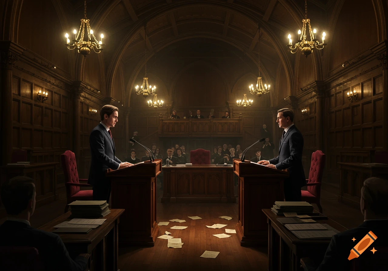 Two men in suits stand at podiums, debating in a grand, wood-paneled courtroom illuminated by chandeliers. An audience and judge are present.
