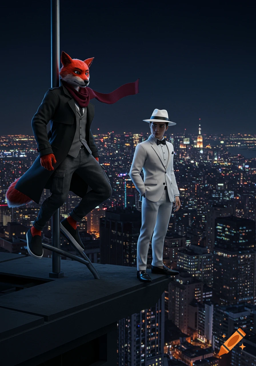 An anthropomorphic fox in a trench coat and a man in a white tuxedo stand on a skyscraper rooftop overlooking a night city.