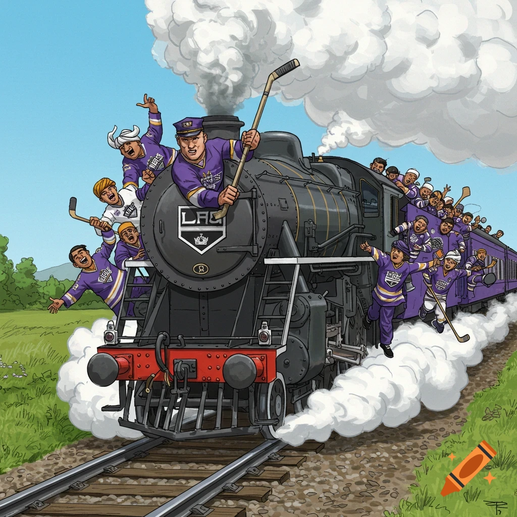A cartoon illustration of a train filled with purple-jersey-clad hockey fans, some hanging off the sides, speeding down tracks.