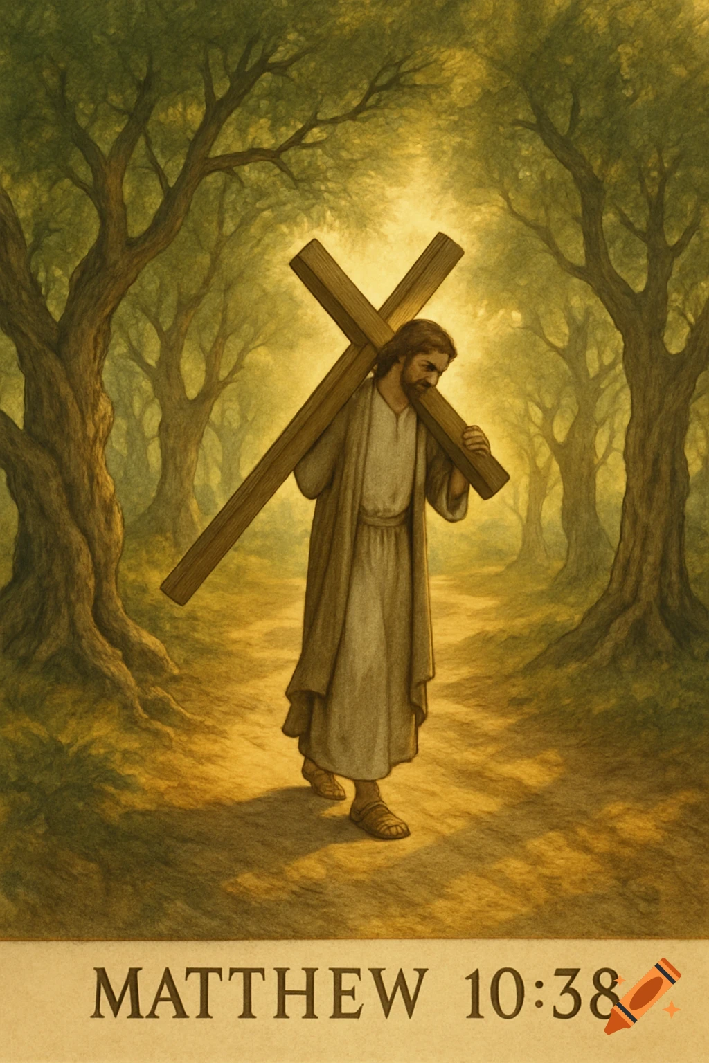Jesus carries a wooden cross through a sunlit forest path in an illustrative style, with 'MATTHEW 10:38' at the bottom.