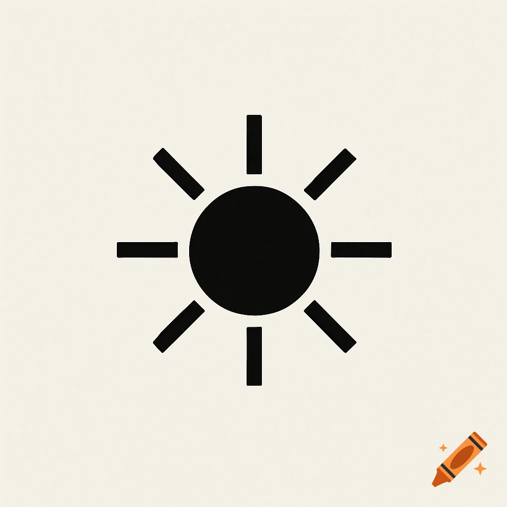 A minimal black sun icon with a central circle and eight short, thick rays on a light background.