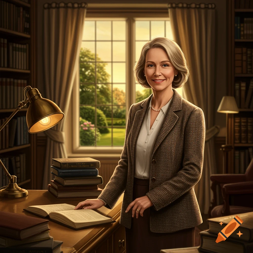 A friendly, slim woman in her 50s, dressed in a blazer, stands in a classic library or study, with an open book on a wooden desk.