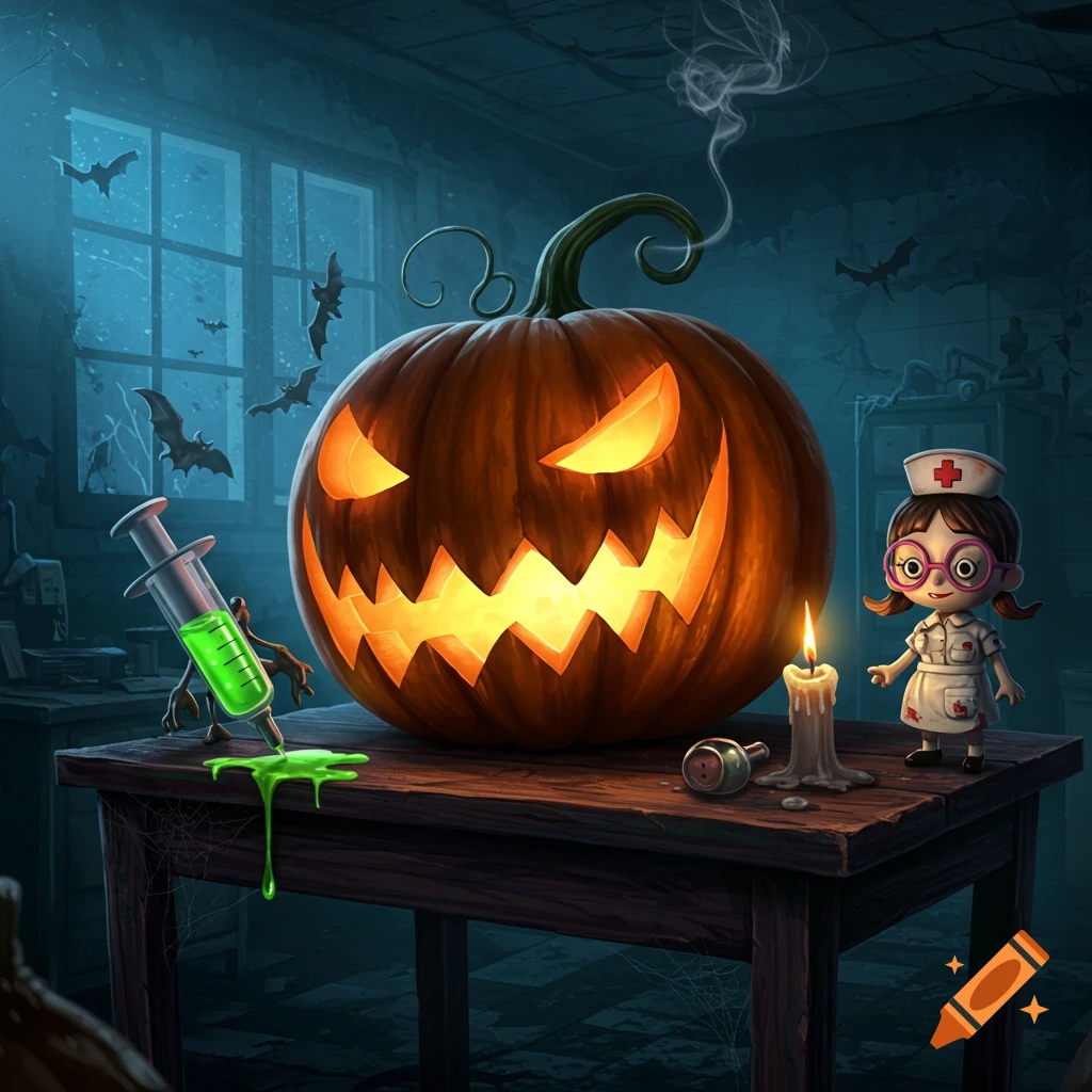 A glowing jack-o'-lantern sits on a table next to a tiny nurse figurine, a syringe with green liquid, and a lit candle in a dark, spooky room with bats outside windows.