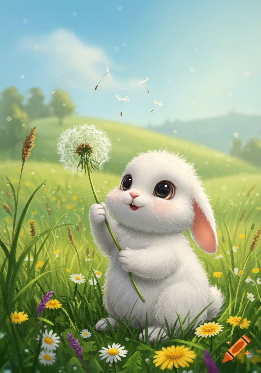 A fluffy white cartoon bunny with big eyes holds a dandelion in a lush green field with wildflowers under a blue sky.