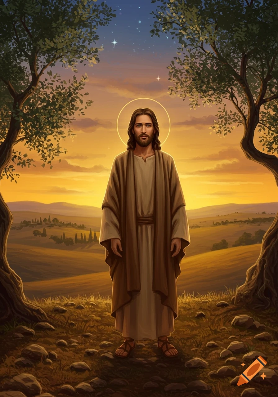 Jesus with a halo stands in a golden field between two trees at sunset, in a painterly style.
