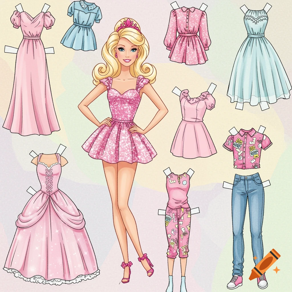 Cartoon illustration of a blonde Barbie paper doll in a pink dress, surrounded by various cutout outfits with tabs.