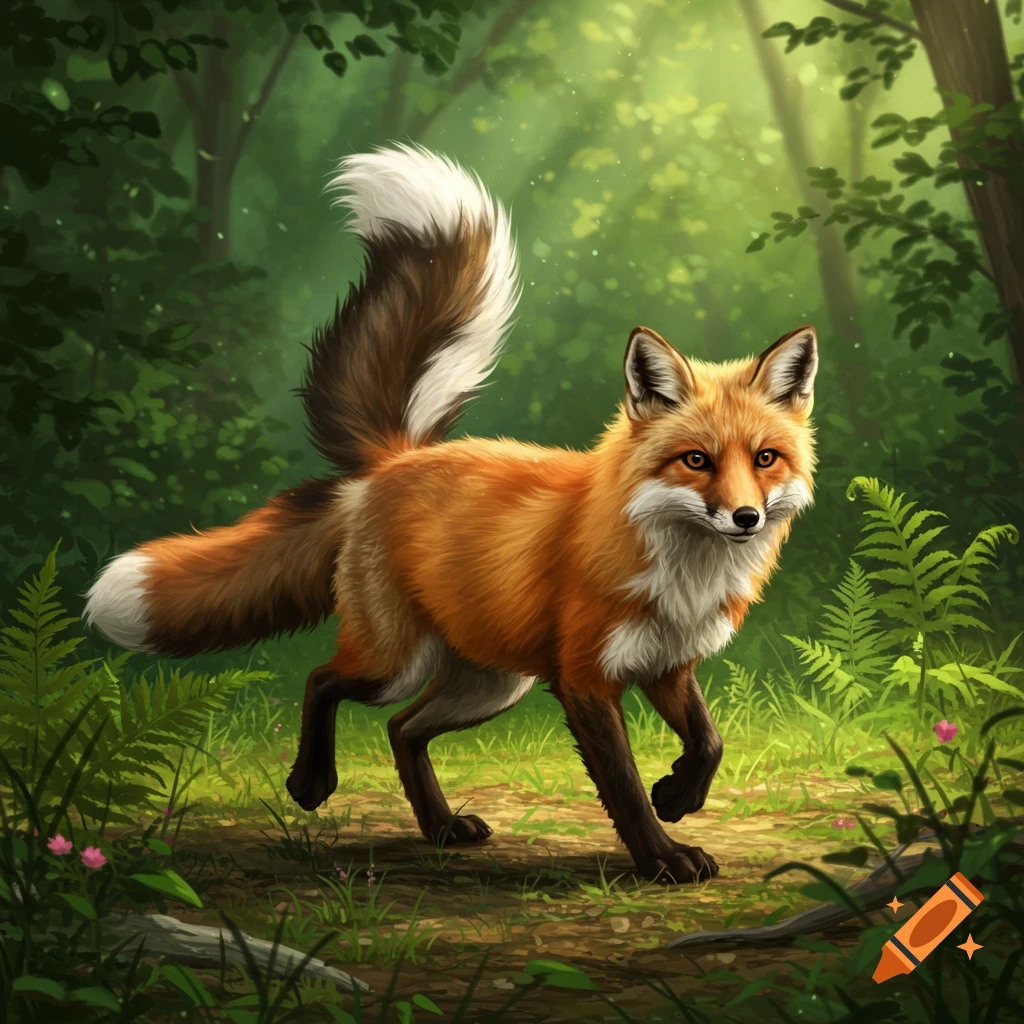 A realistic orange fox hybrid with a bushy tail walks on a sun-dappled forest path in digital art style.