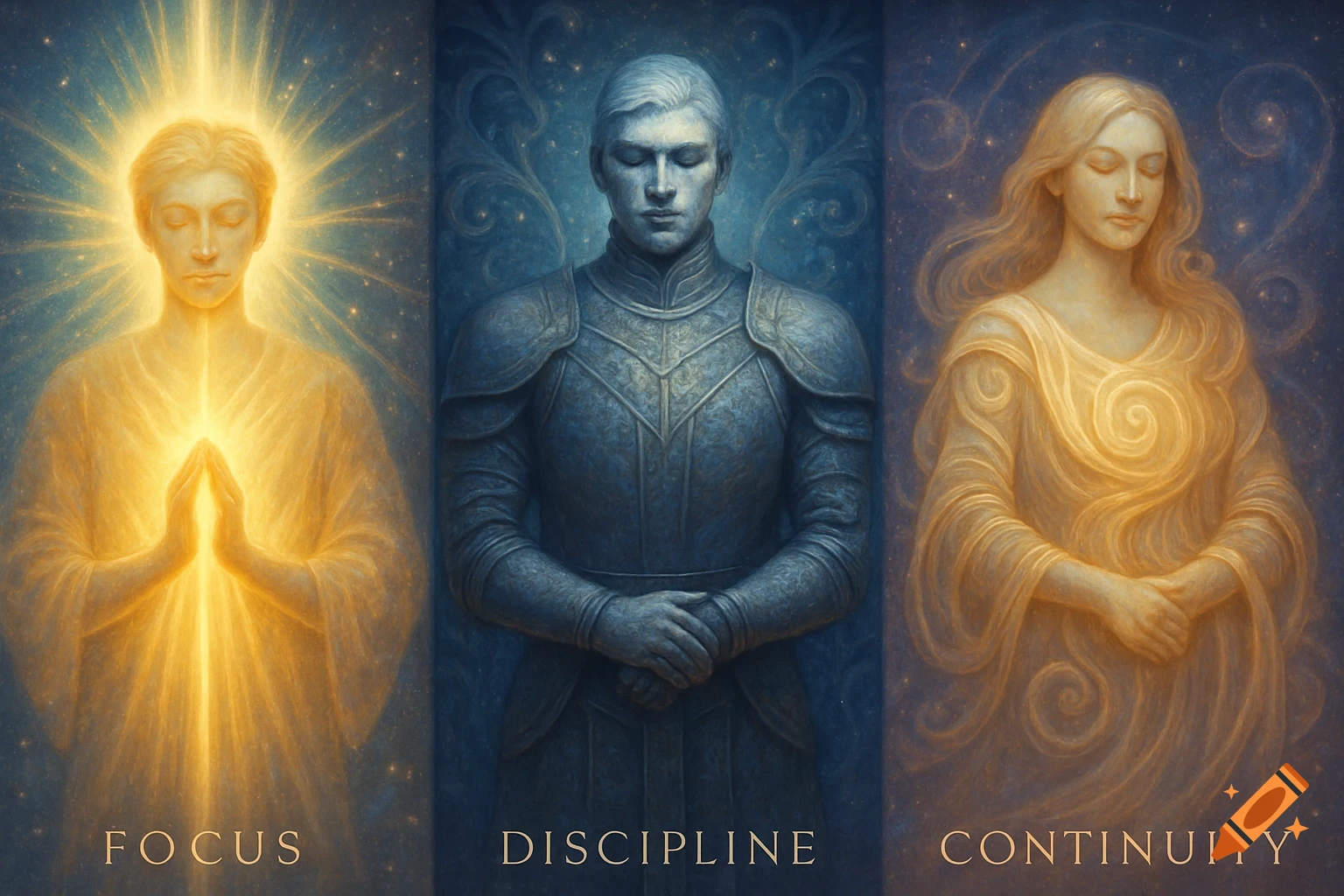Triptych of three ethereal figures: a man glowing gold, an armored man, and a woman in golden robes, labeled FOCUS, DISCIPLINE, CONTINUITY.