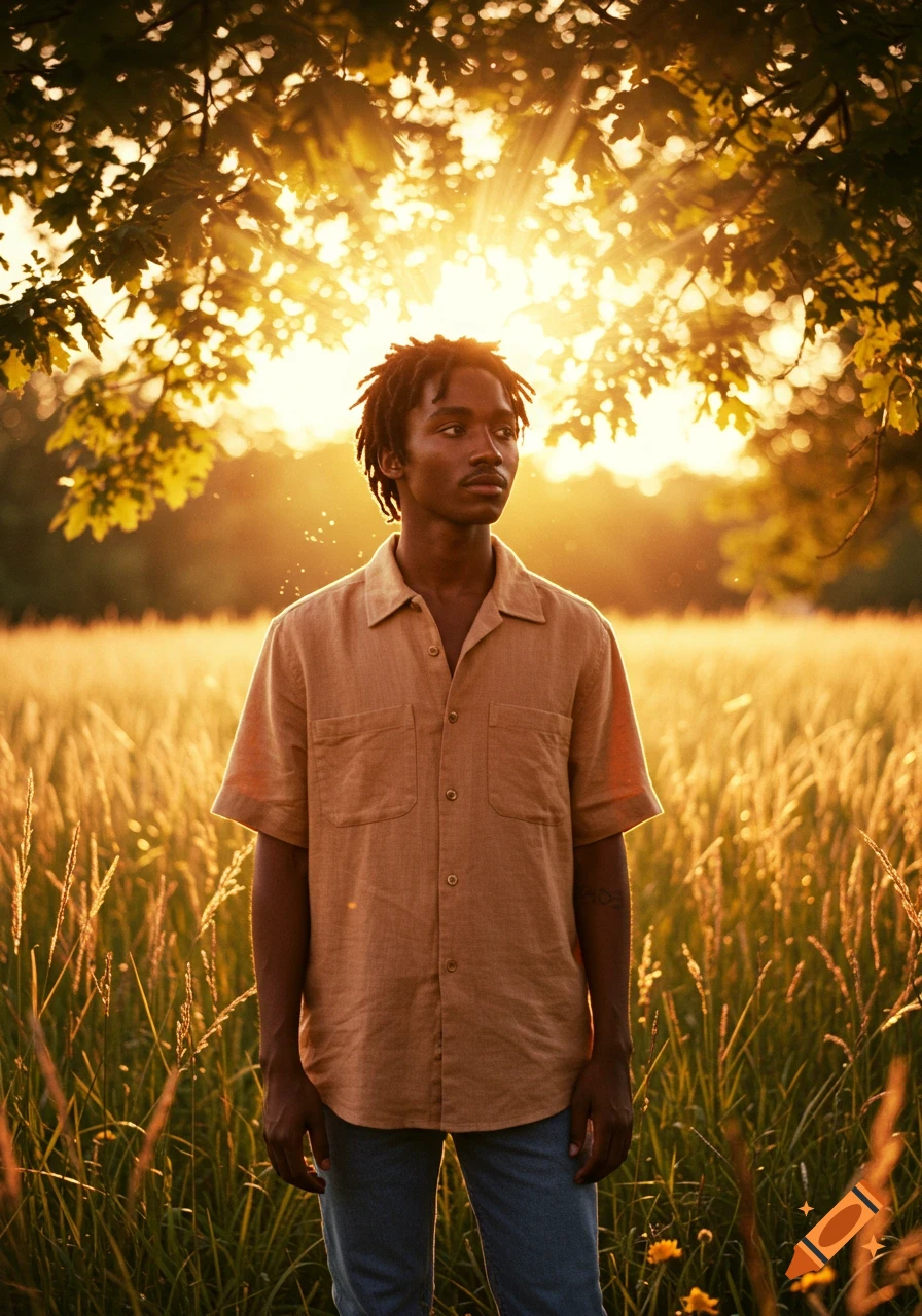 A person with dreadlocks stands in a golden field, bathed in warm sunset light filtering through tree leaves.