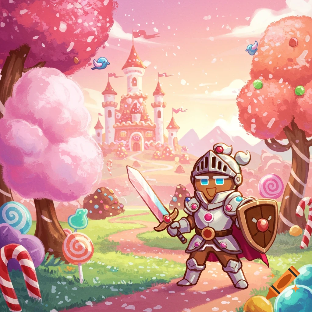 A cartoon gingerbread knight in armor holds a sword and shield in a vibrant candy kingdom with a castle and candy trees.