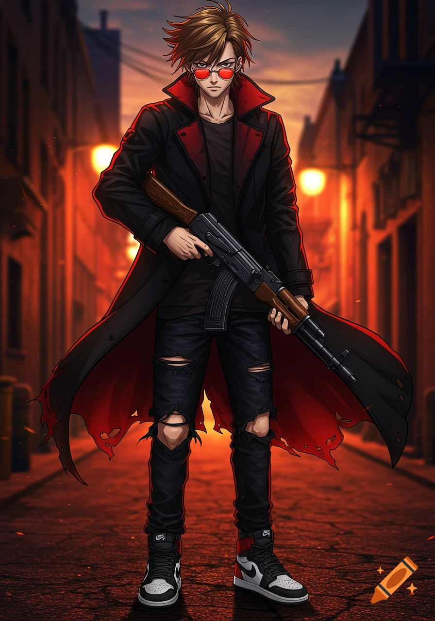 Anime man in red aviators, black coat, ripped jeans, and Air Jordans, holding an AK-47 in a dark alley.