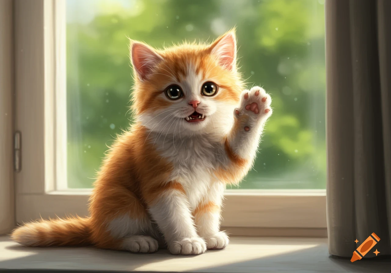 Fluffy orange and white kitten with fangs waving from a sunlit windowsill, against a blurry green background.